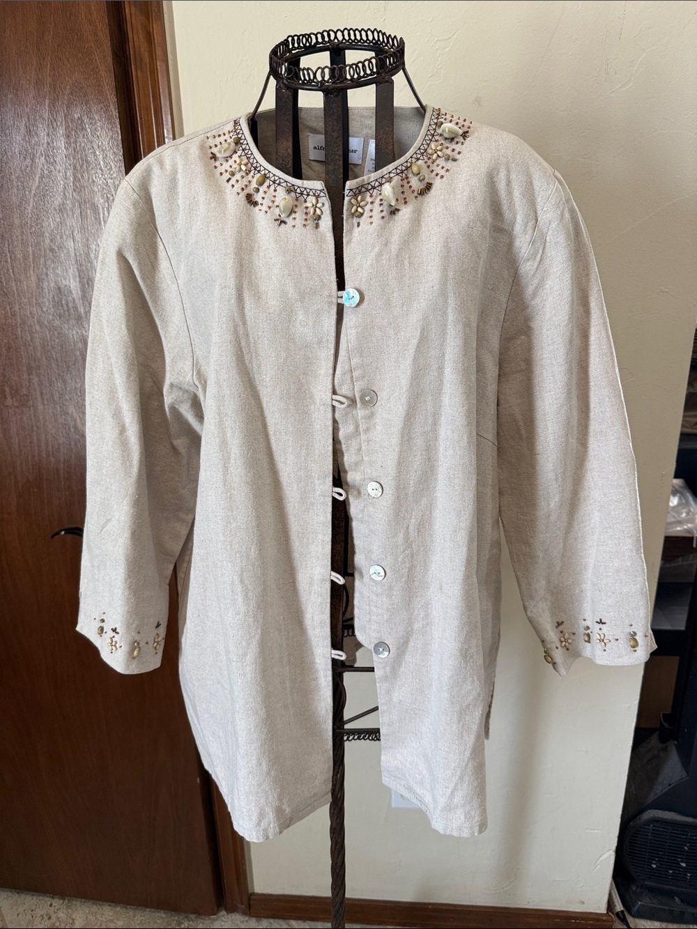 Alfred Dunner Cream Embellished Linen-Blend Jacket